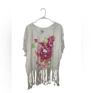 Just My Size Floral Fringe Blouse - White and Pink